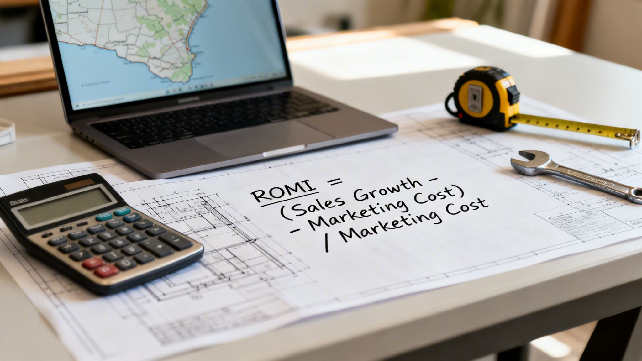 A desk setup with a laptop, calculator, and a sheet of paper displaying the ROMI formula.