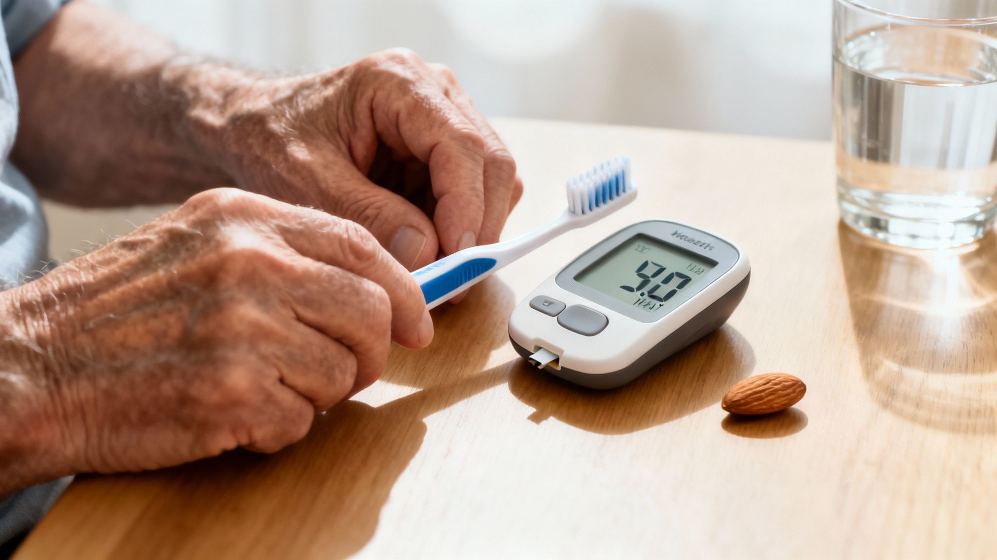 Elderly hands hold a toothbrush next to a glucose meter, water, and an almond on a table.