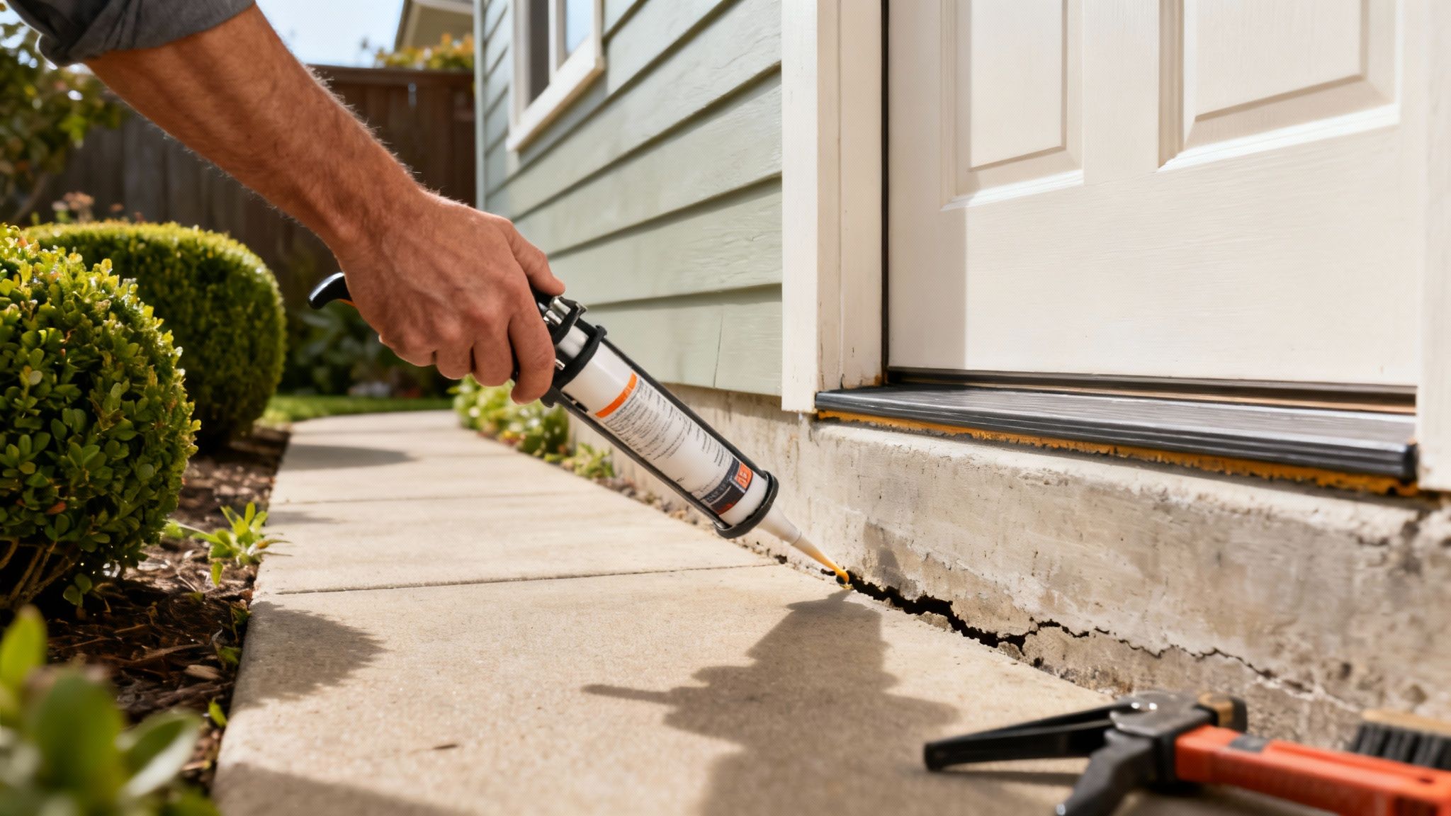 A person uses a caulk gun to seal cracks in a concrete house foundation to prevent pest entry.