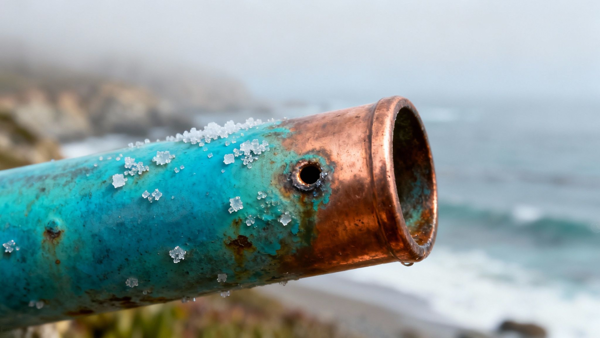 Corroded copper pipe with turquoise patina and salt crystals near coastal ocean water