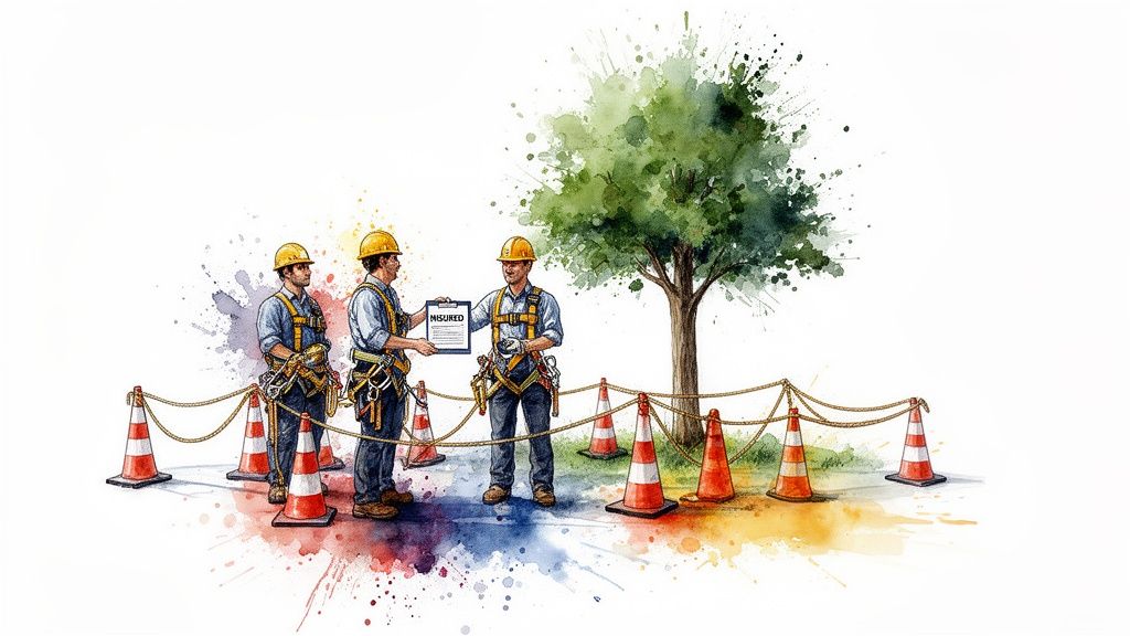 Three tree workers in hard hats and harnesses with safety cones and an 'INSURED' document near a tree.