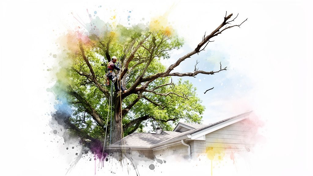 An arborist performing tree maintenance, climbing a large green tree next to a house with watercolor art.