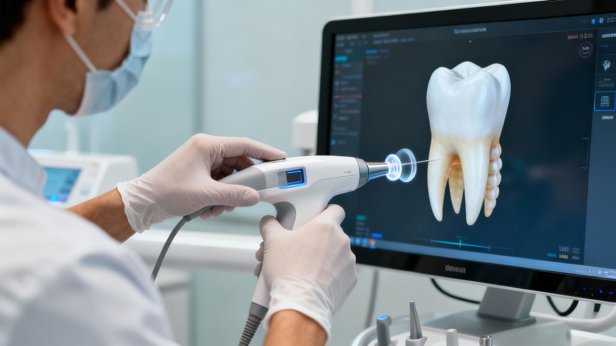 A dental professional with mask and gloves operates an intraoral scanner, viewing a 3D tooth model on a monitor.