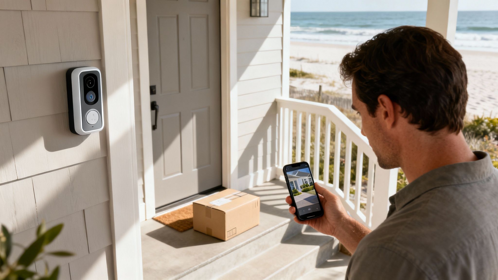 A man checks his smartphone, viewing a package on his doorstep captured by a smart video doorbell, with the ocean in the distance.