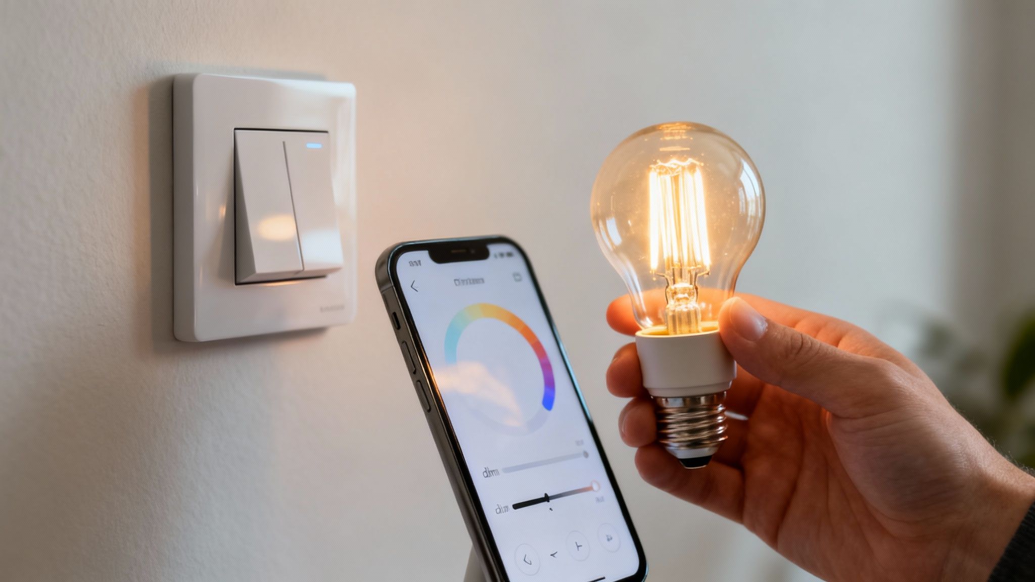 A person using a smartphone to control the smart lighting in their modern living room.