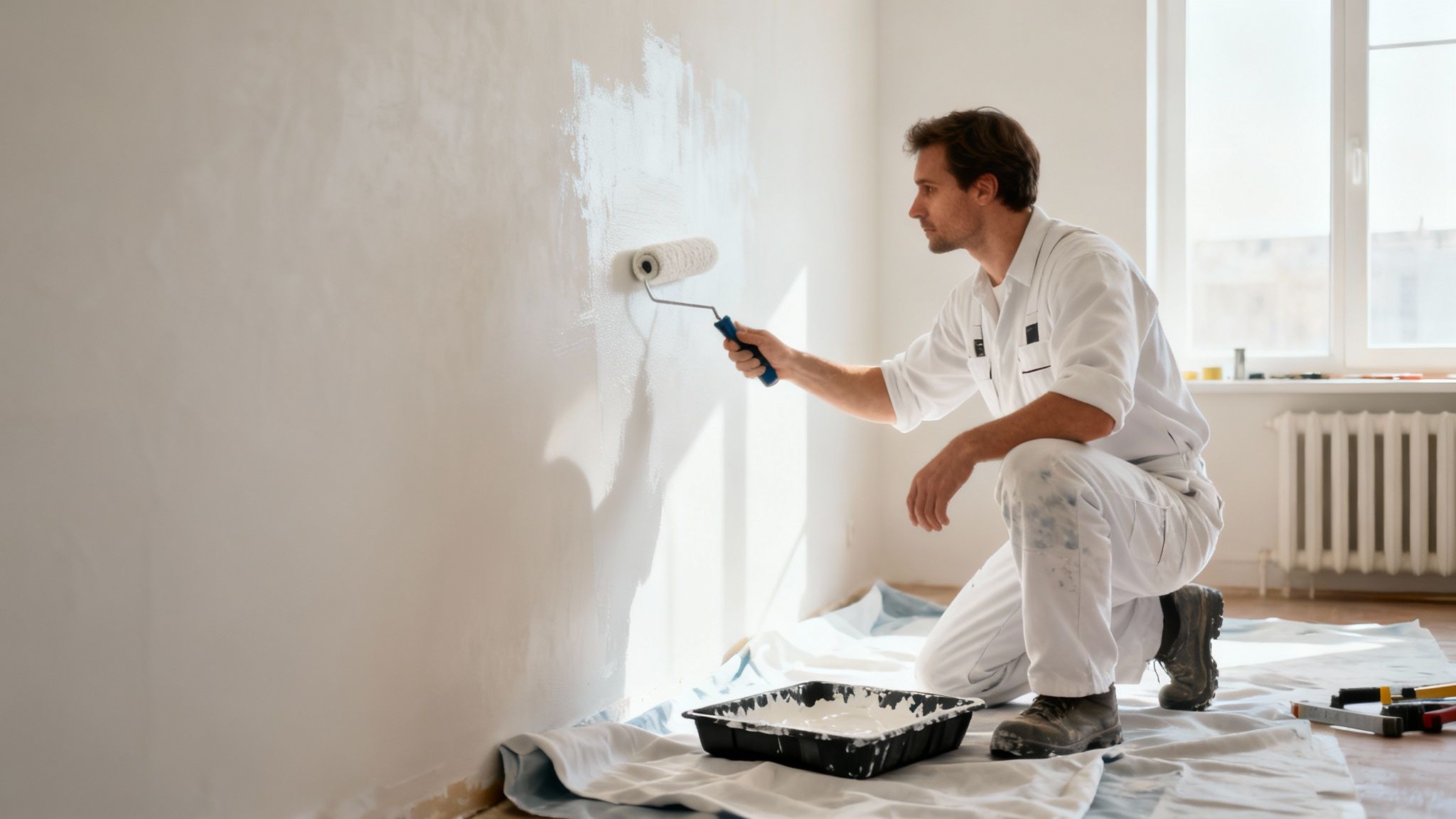 Skilled painter in white overalls expertly applies fresh white paint to a wall with a roller.