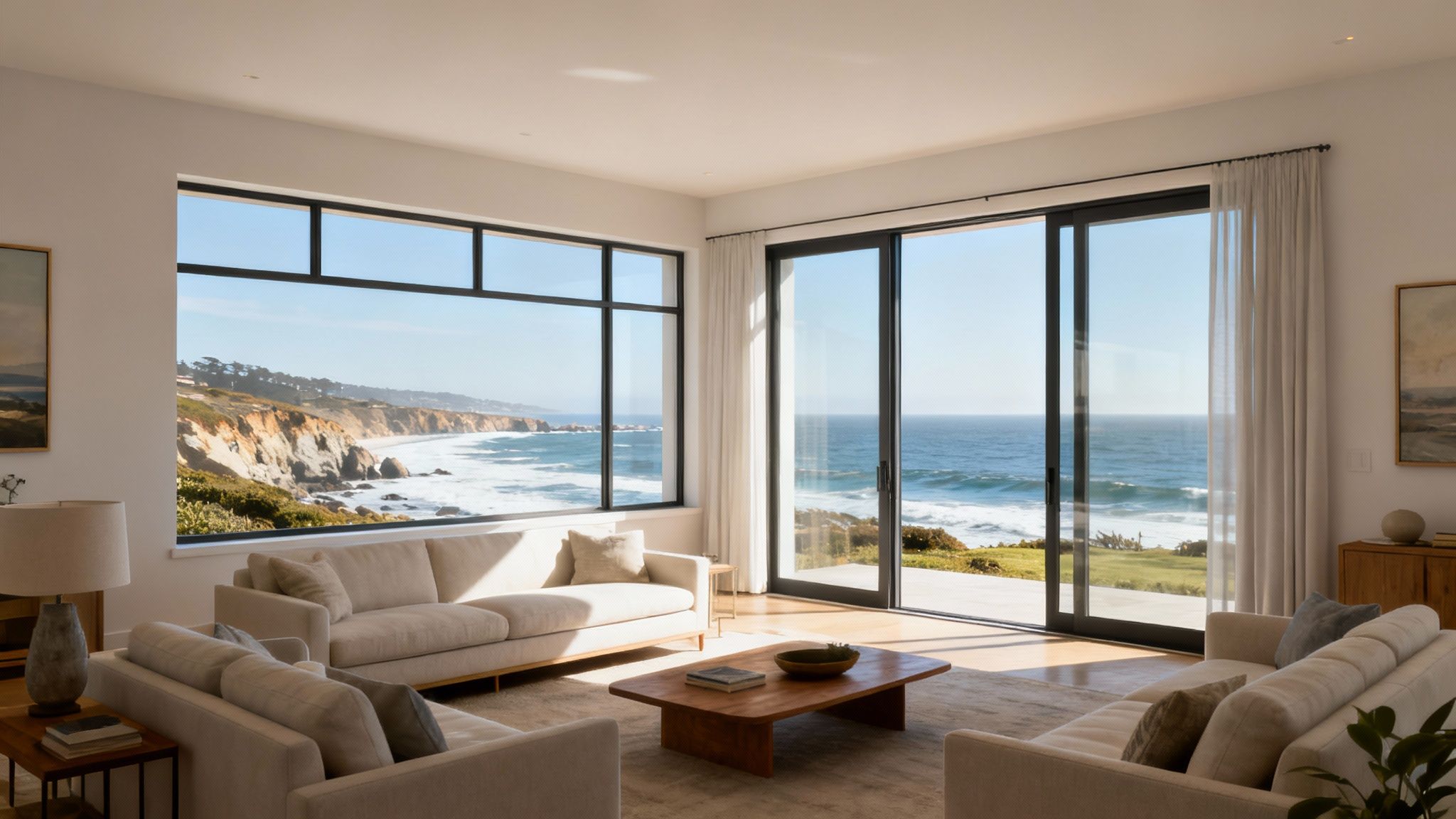 A modern living room with floor-to-ceiling windows that open to a patio with an ocean view in Monterey.