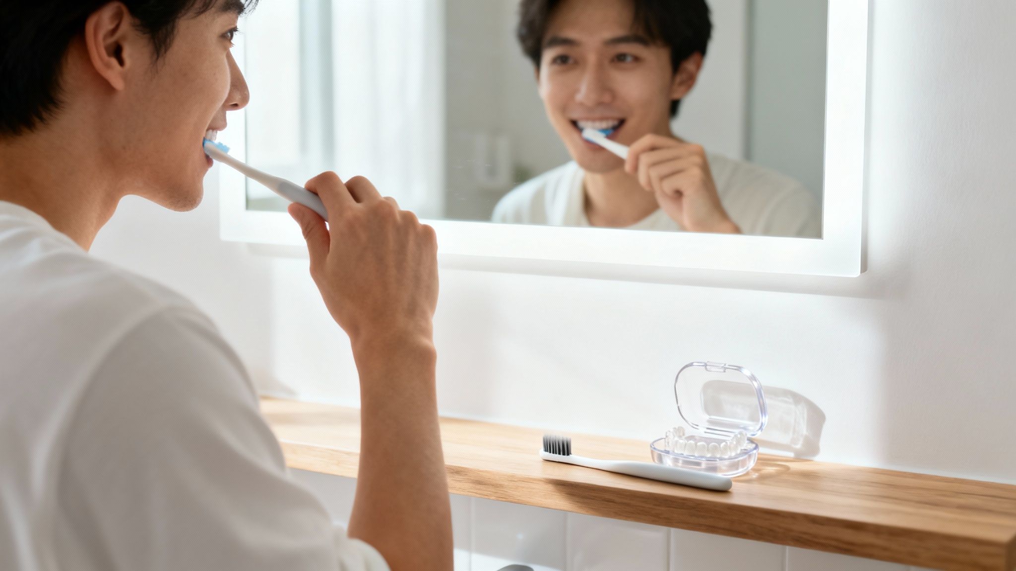 Smiling man brushing teeth in front of a bathroom mirror with <a href=