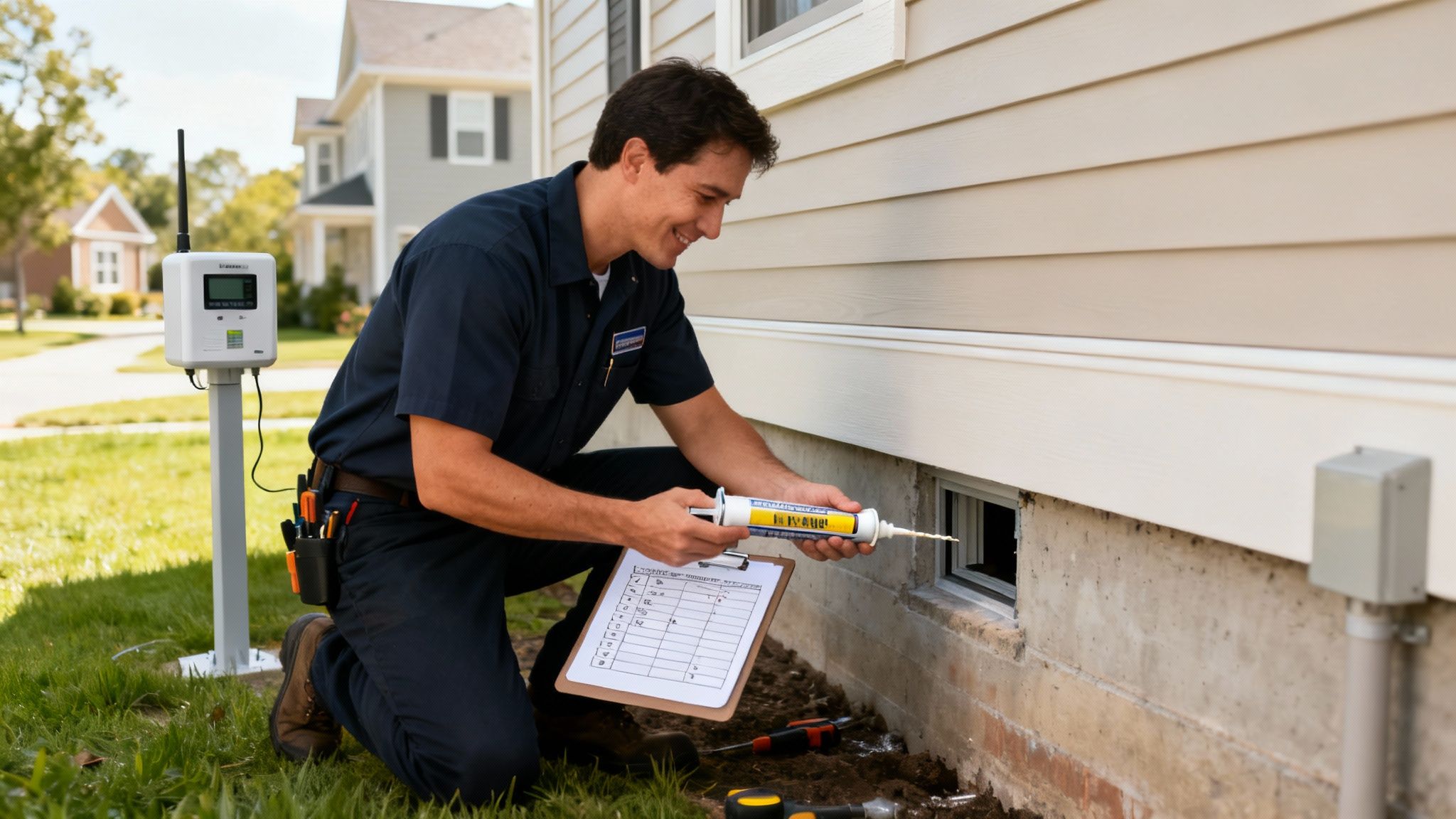 A West Pest Co. technician inspecting the exterior of a home for pest entry points.