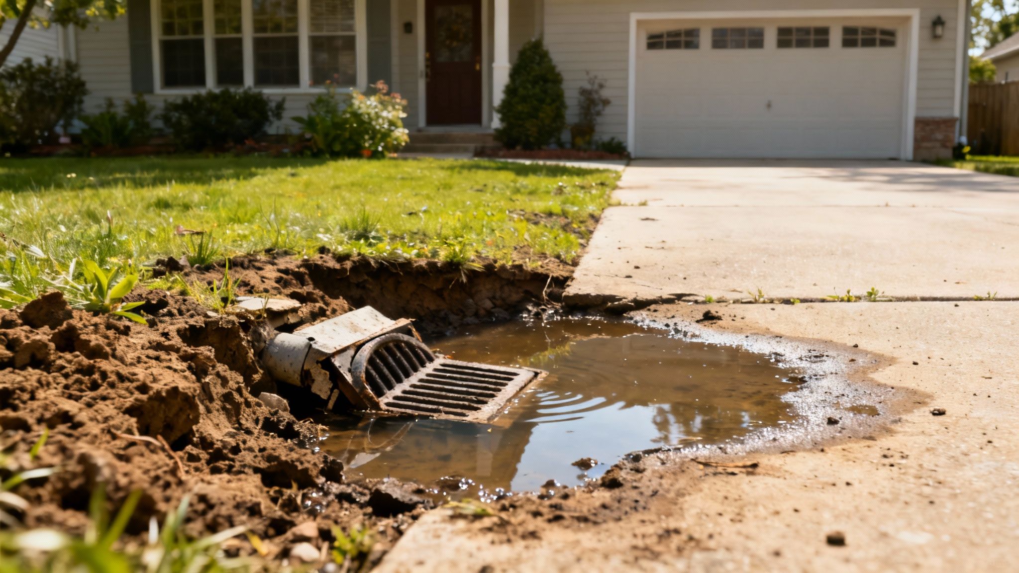 A well-maintained commercial property with clear drainage grates next to a flooded street, illustrating the disconnect between public and private systems.