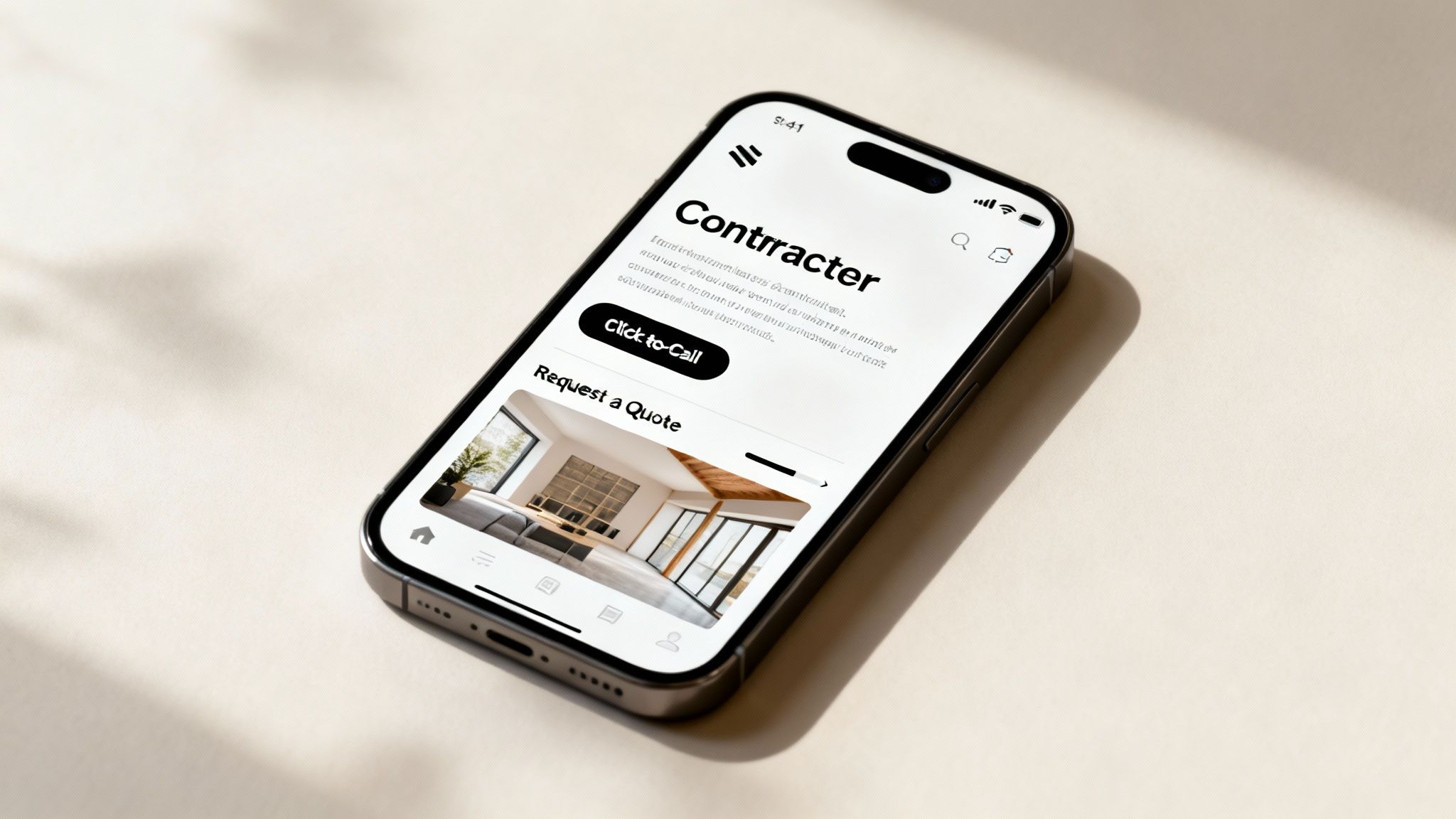 An iPhone displaying a contractor's website with a 'Click to Call' button and a 'Request a Quote' section, on a light background.