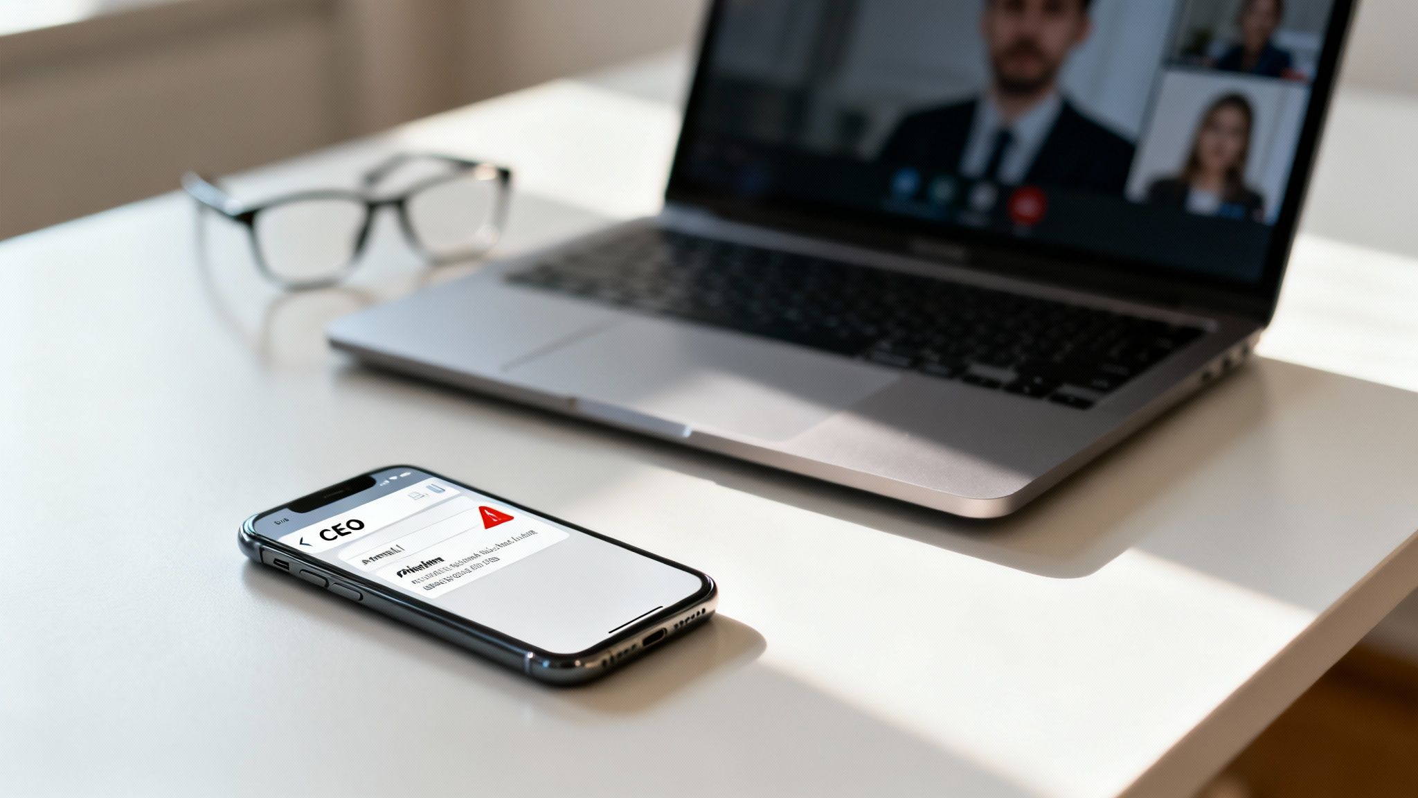 A desk with a laptop showing a video conference, a smartphone displaying a security alert, and reading glasses.