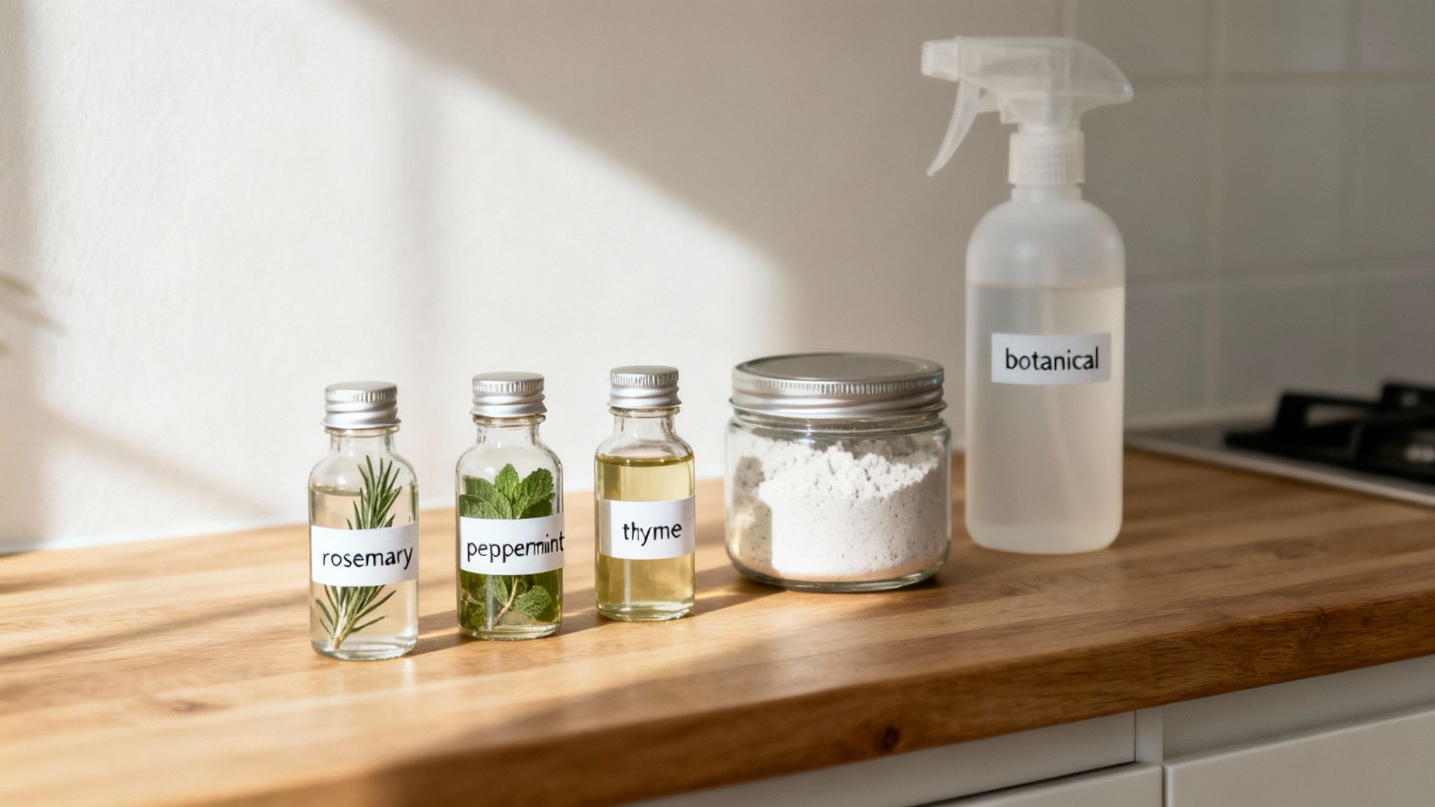 Small glass bottles of rosemary, peppermint, and thyme, a jar of powder, and a botanical spray on a wooden counter.