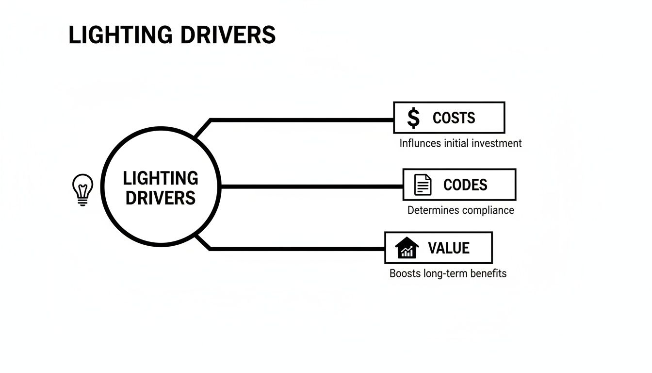 A diagram illustrates lighting drivers: costs, codes, and value, influencing investment, compliance, and benefits.