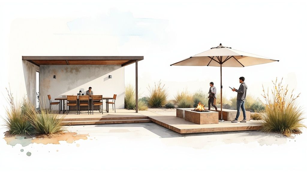 An outdoor living space with a kitchen and dining area under a modern pergola.