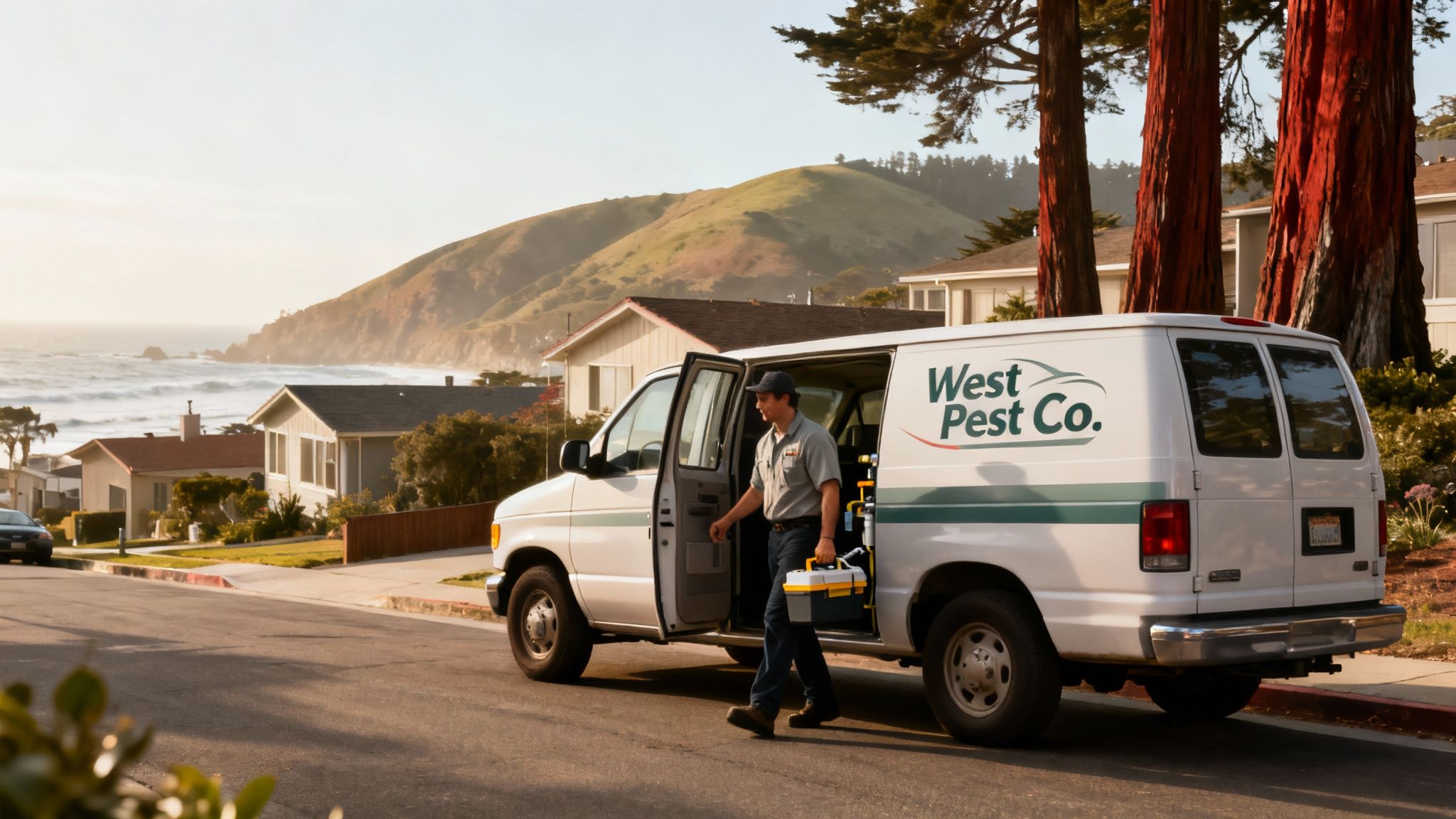 A pest control technician exits a white West Pest Co. van on a sunny coastal street.