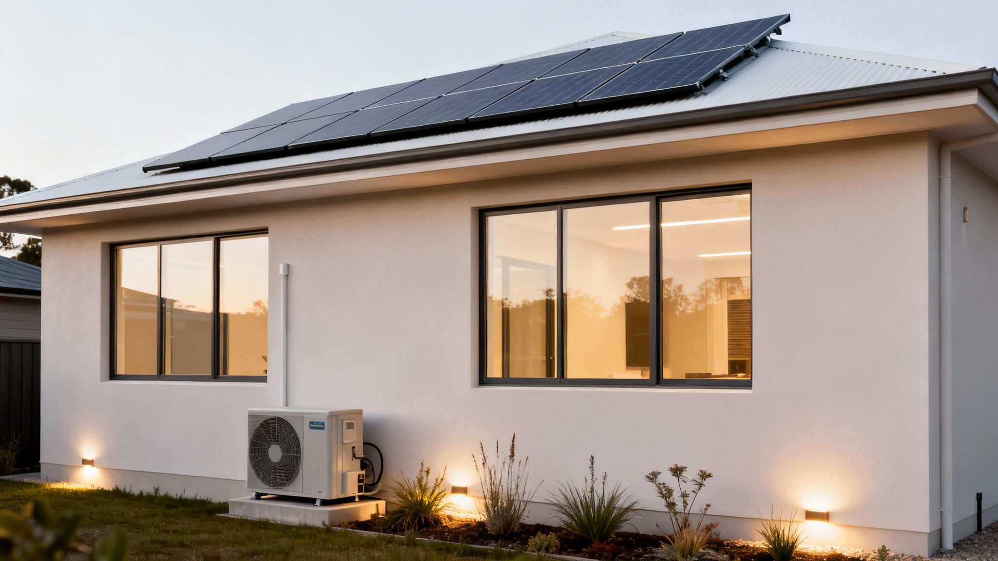 A modern house with solar panels on the roof, an outdoor AC unit, and warm lighting at dusk.