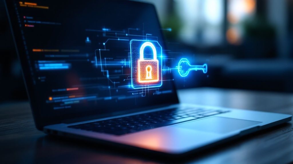 A stylized graphic showing a padlock over a hard drive, symbolizing the full disk encryption provided by FileVault 2.