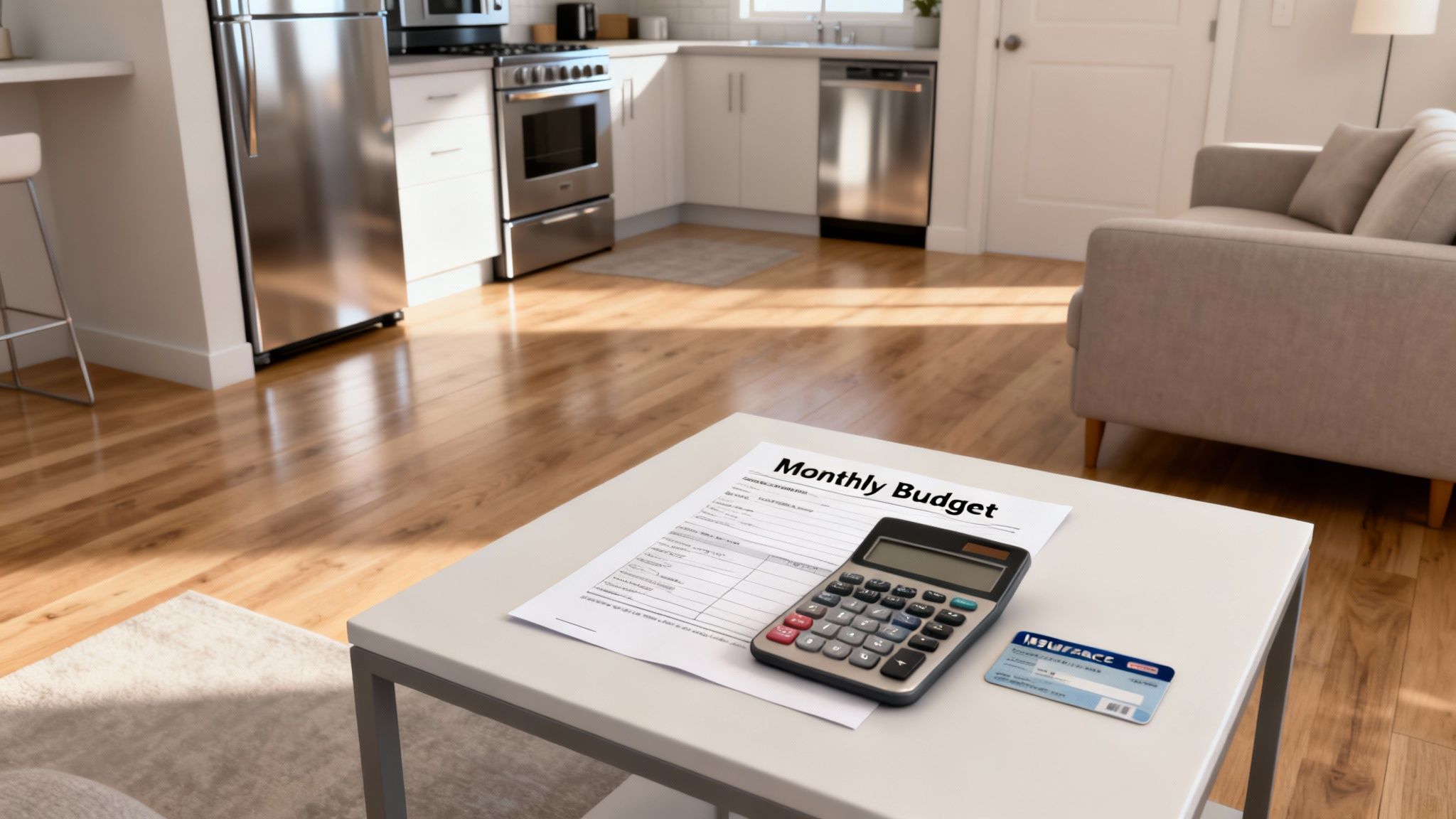 A monthly budget sheet, calculator, and insurance card on a coffee table in a modern apartment.