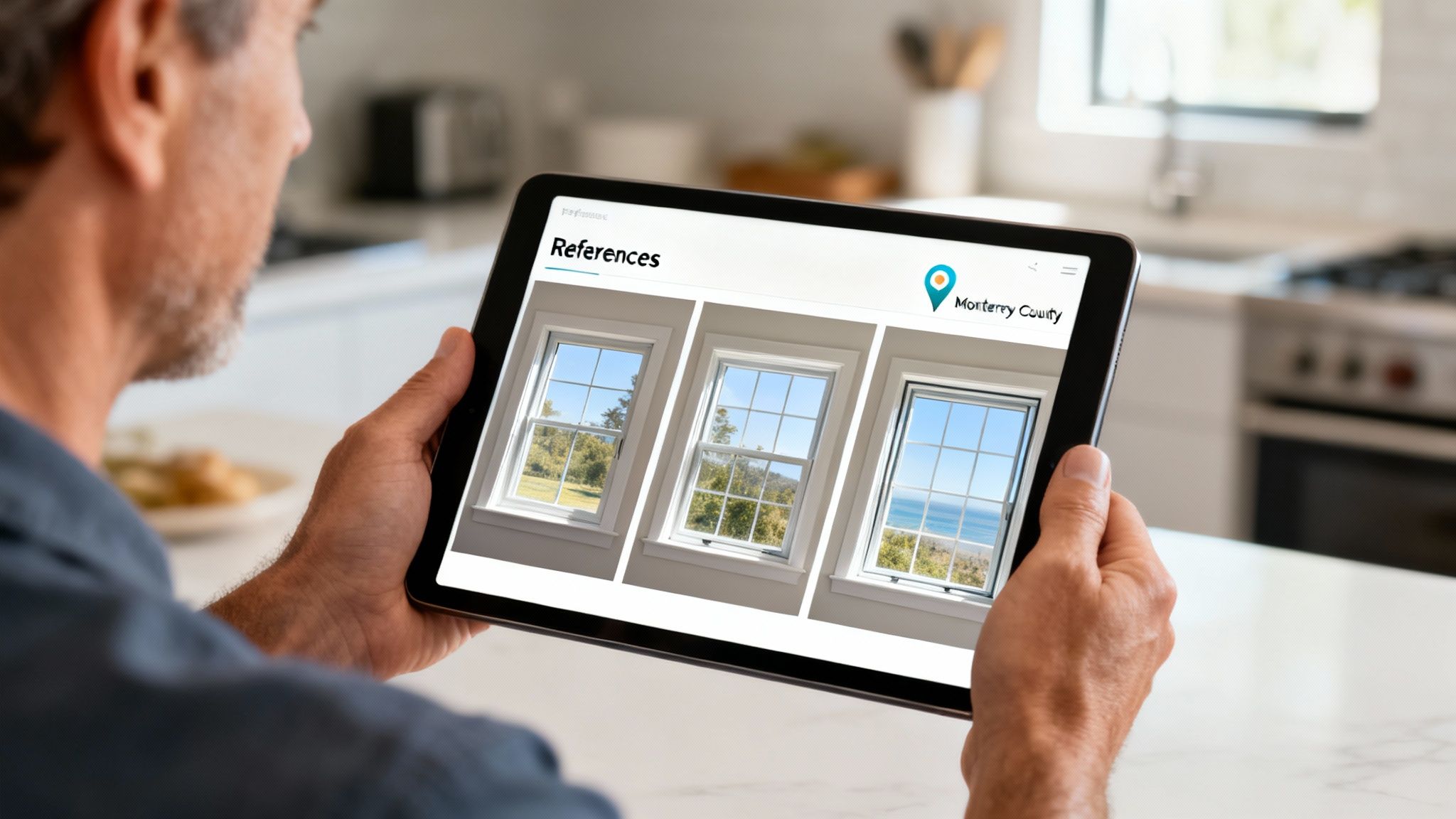 Man reviewing window replacement references on a tablet, showcasing various window styles in Monterey County.