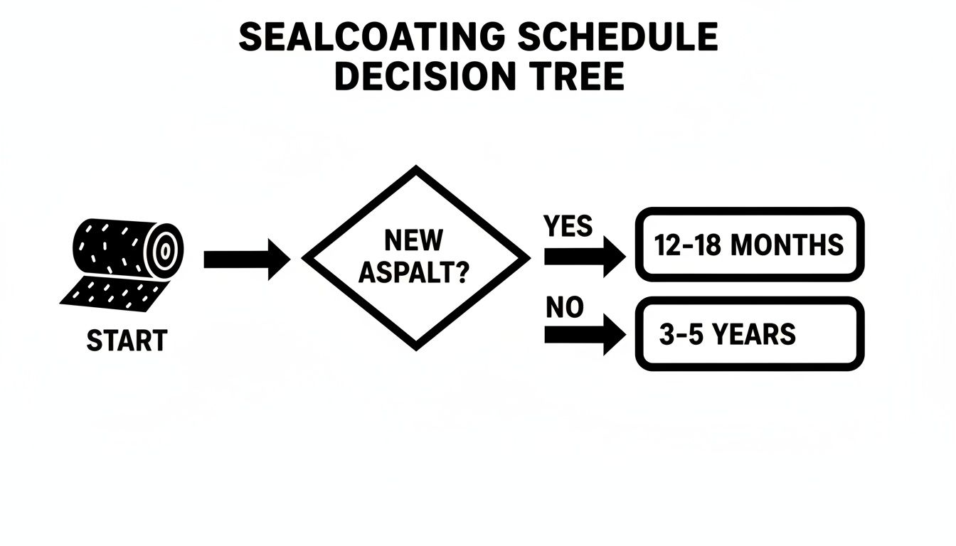 A sealcoating schedule decision tree diagram showing the recommended timing for asphalt sealcoating. New asphalt requires sealcoating in 12-18 months, while older asphalt needs it in 3-5 years.
