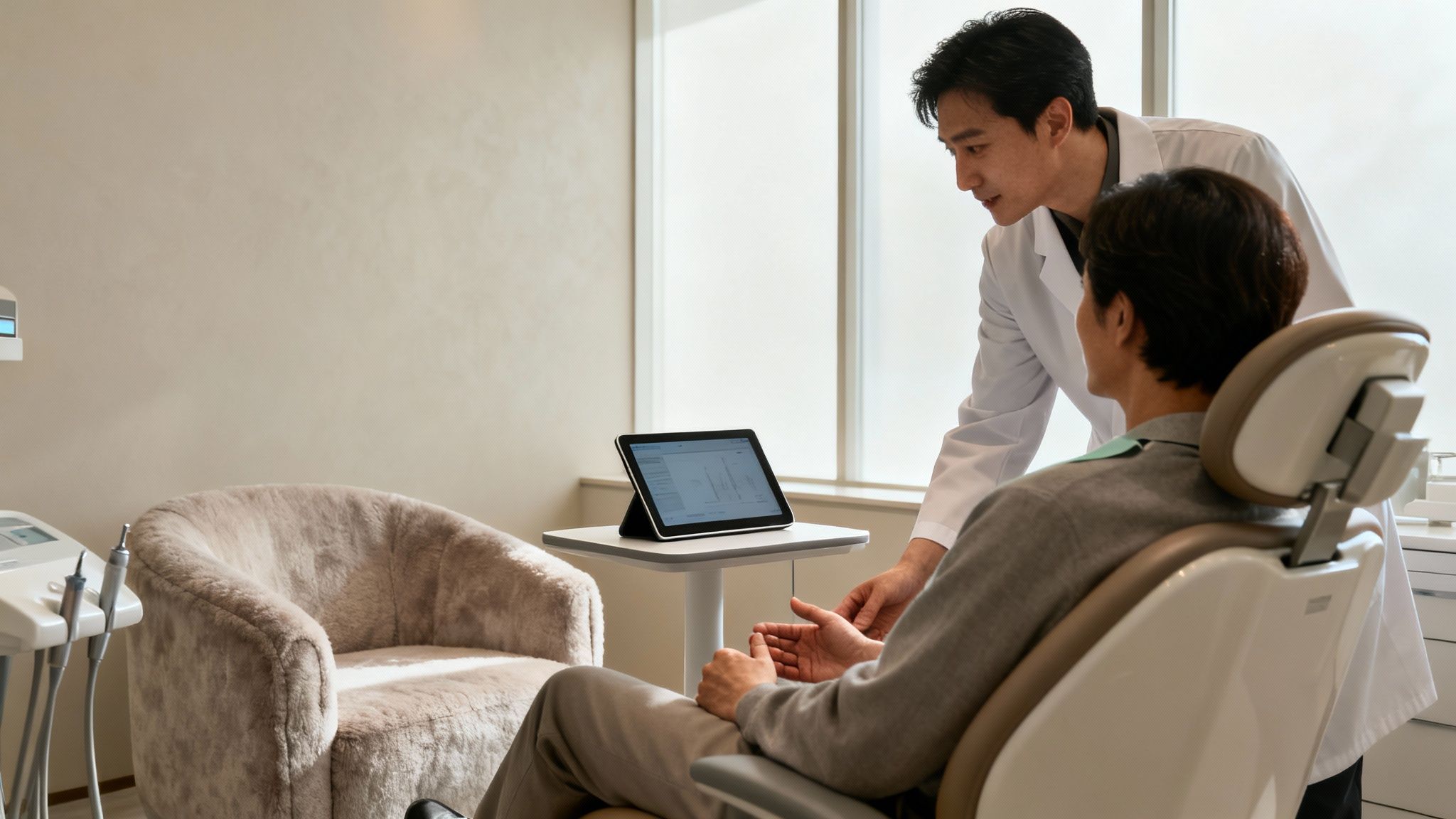A male dentist discusses patient data on a tablet with a man in a modern dental office.