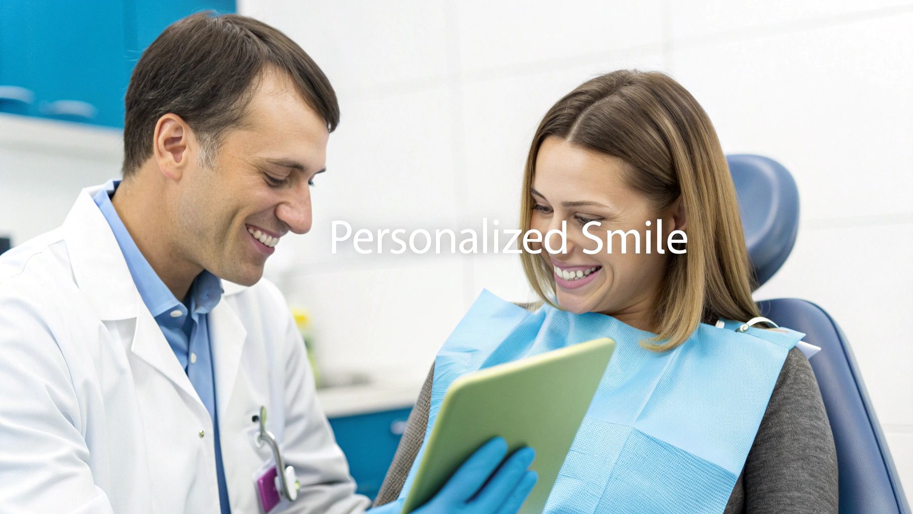 A smiling male dentist shows a tablet to a happy female patient in a dental chair, discussing her personalized smile.