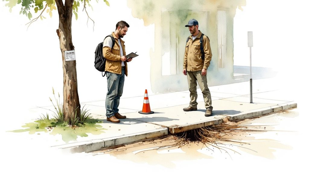 Watercolor illustration of two men inspecting a tree with roots damaging a city sidewalk.