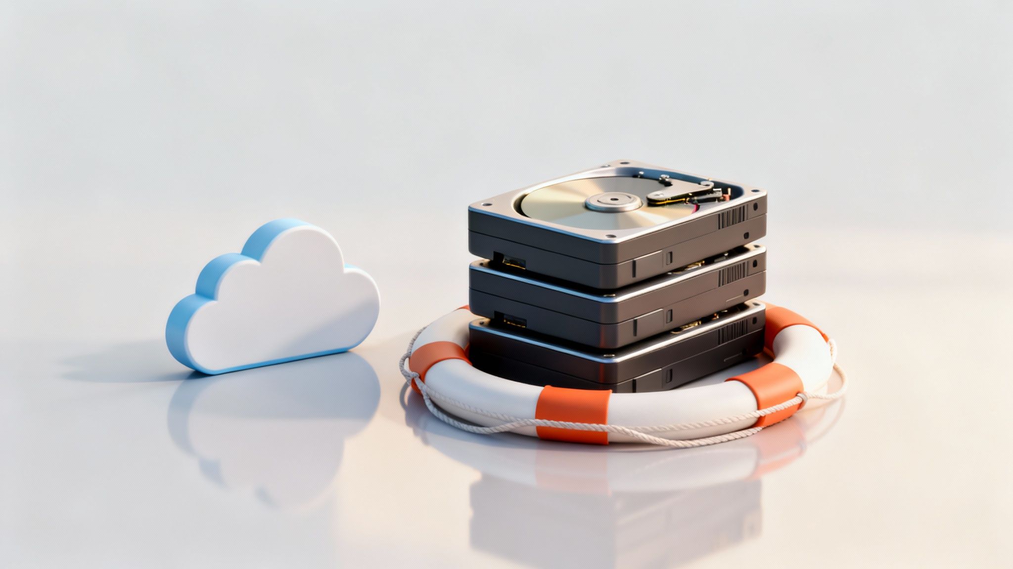 A cloud icon next to a stack of hard drives surrounded by a lifebuoy, symbolizing data protection and cloud backup.