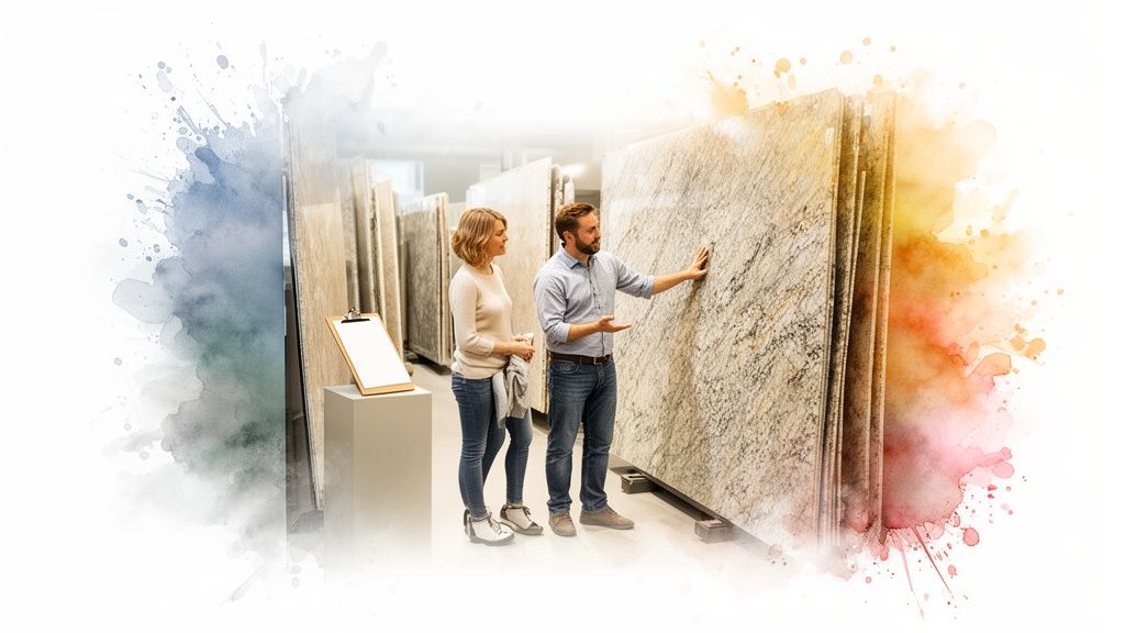Couple inspecting large granite slabs in a showroom, discussing options for home renovation.