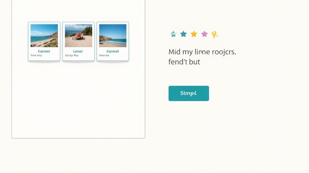 Three framed beach photos with labels, a partial star rating, and a button.
