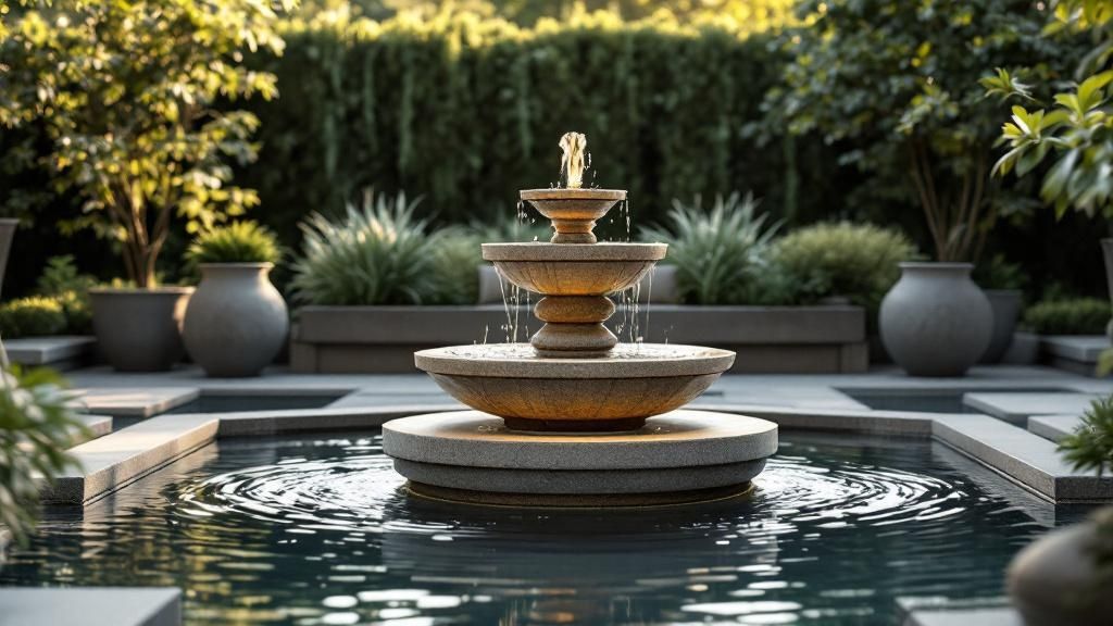 A modern backyard patio with a sleek, rectangular water feature and waterfall, surrounded by comfortable lounge chairs and lush greenery.