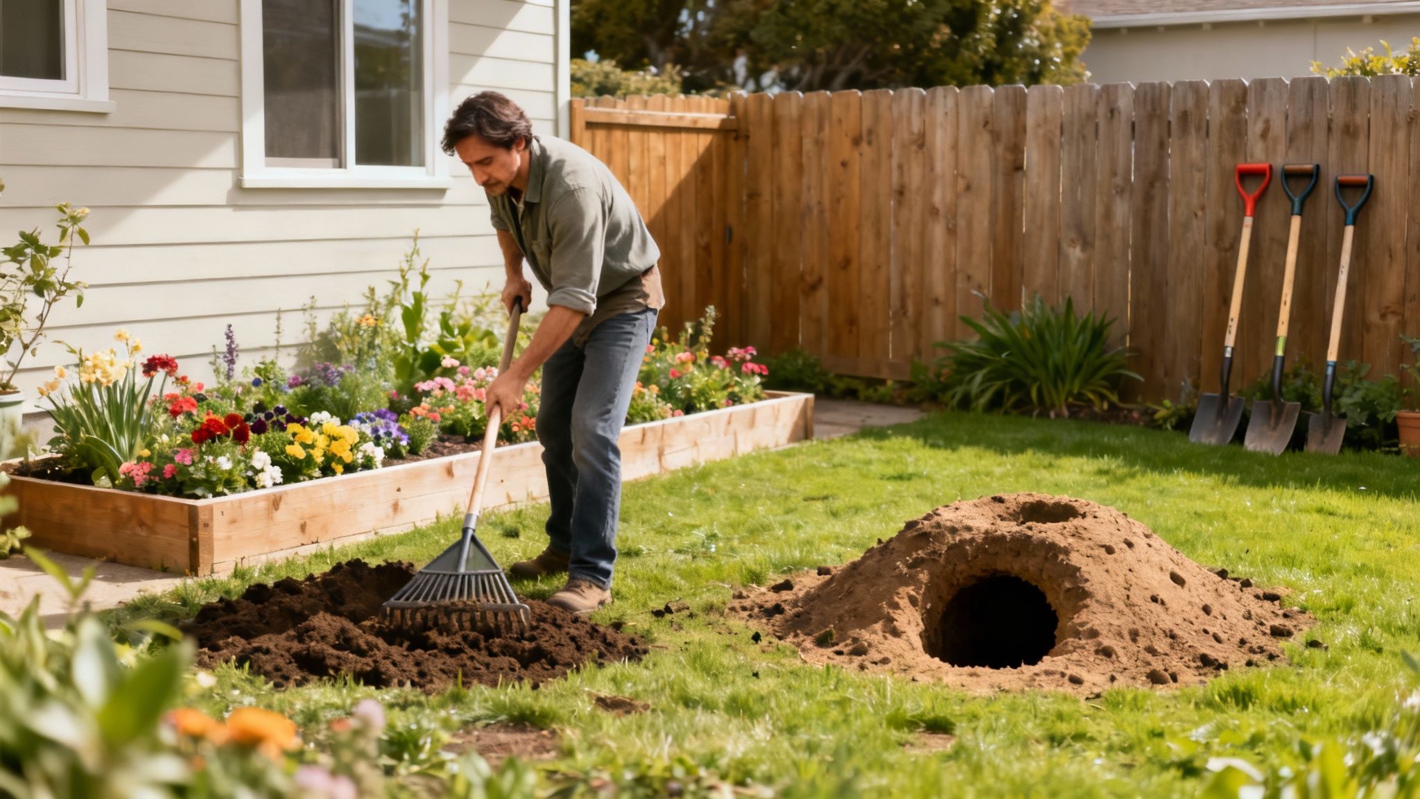A man raking soil in a sunny backyard next to a raised flower bed and a gopher hole.