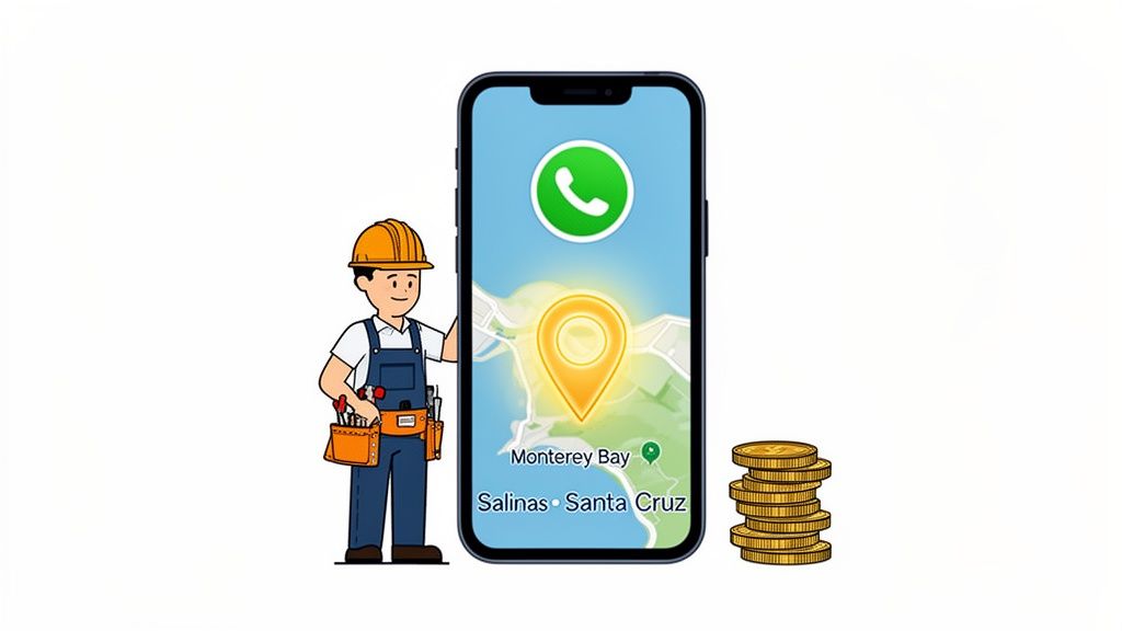 Cartoon handyman with tools, smartphone showing WhatsApp, a local map, and a stack of gold coins.