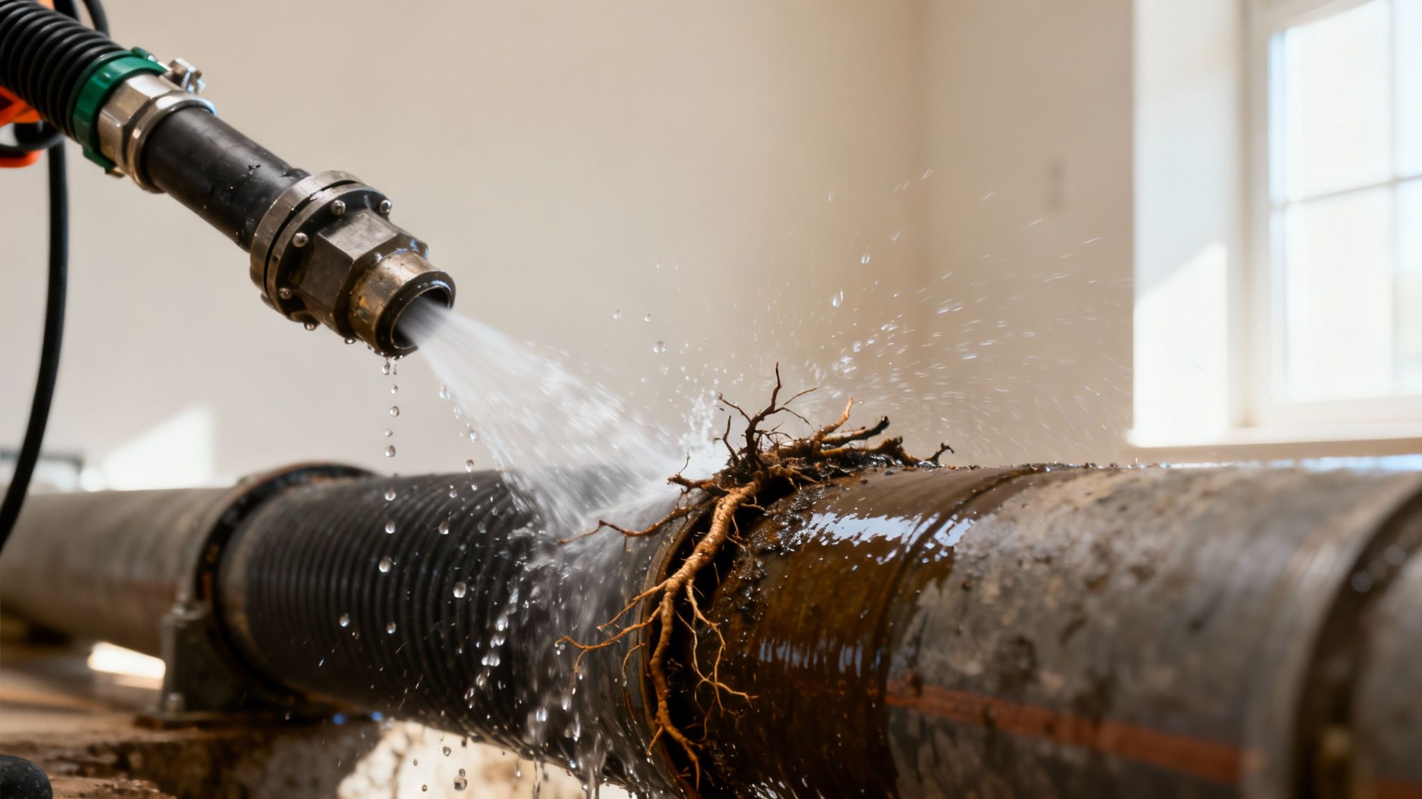 High-pressure water stream cleaning stubborn tree roots from a corroded drain pipe.