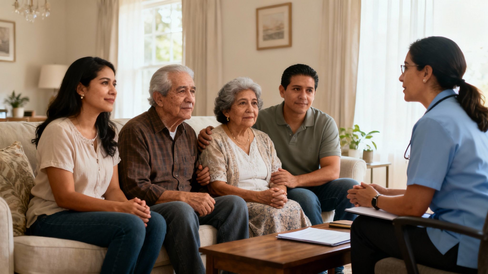 A compassionate hospice nurse speaking with an elderly Latino man and his family in a warm, well-lit living room.