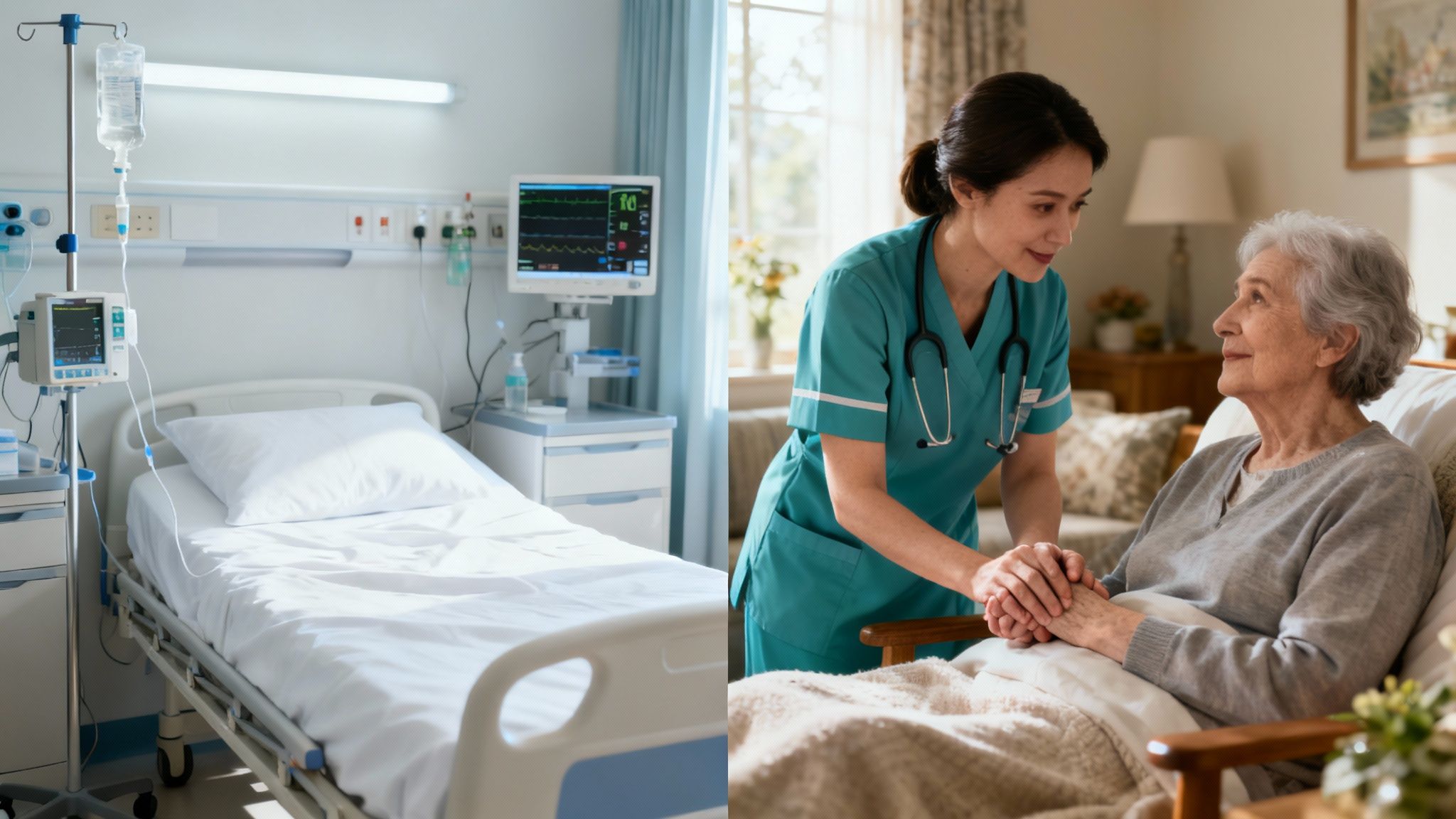 A compassionate nurse holds the hand of an elderly patient, conveying comfort and support.