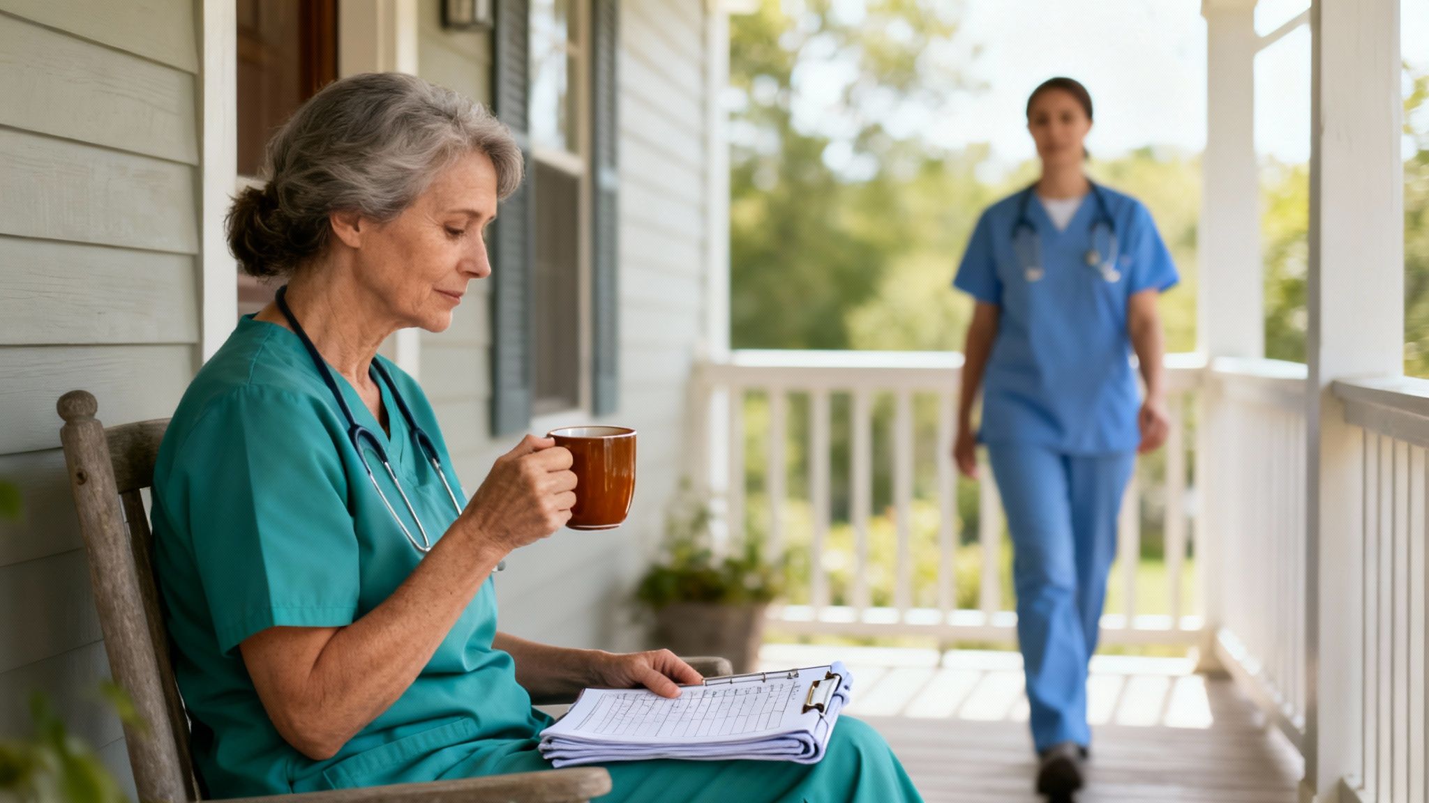 Two female nurses on a porch, one relaxing with coffee and papers, the other walking by.