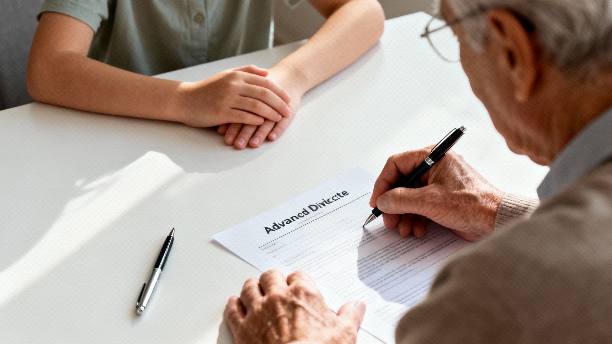 Elderly person signs a document labeled 'Advanced Diviccte' at a table, with a younger person observing.