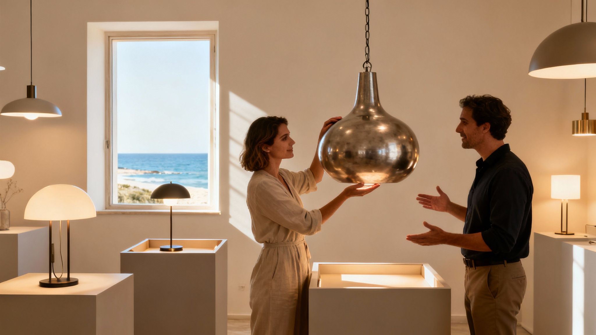 Two people examine a large metallic pendant lamp in a bright lighting showroom with an ocean view.