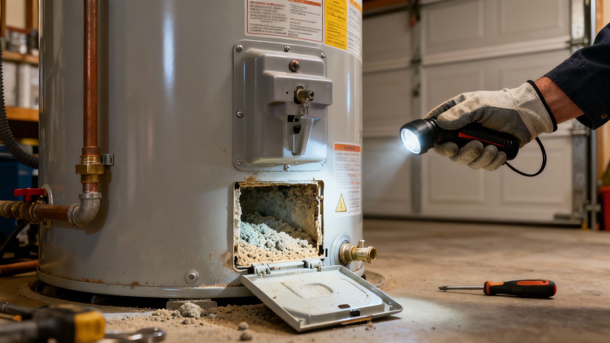 A plumber inspecting a residential water heater.