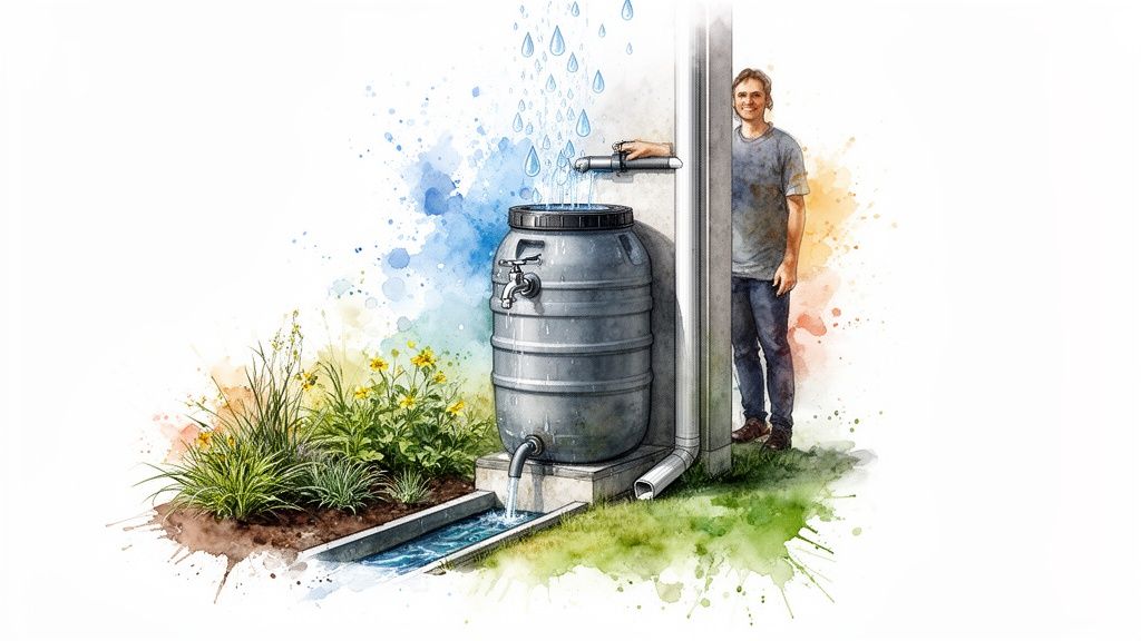 A man smiles beside a rain barrel collecting water from a downspout, surrounded by lush green plants and yellow flowers.