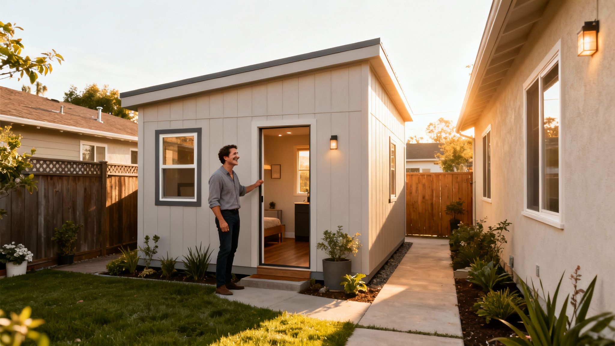 A smiling man stands at the open door of a modern backyard ADU, bathed in golden sunlight.