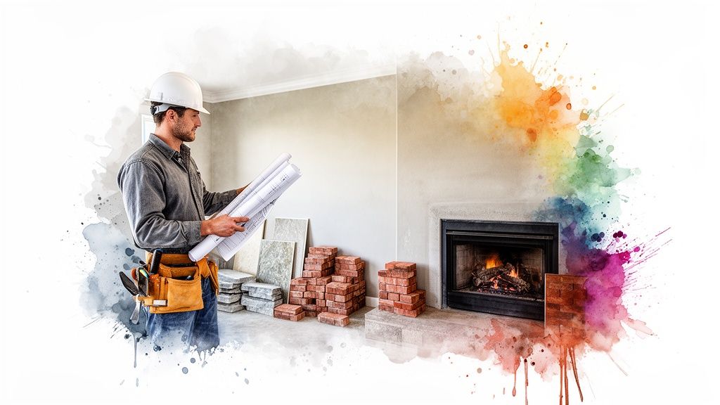 Construction worker in a hard hat holding blueprints, surrounded by building materials and a fireplace during renovation.