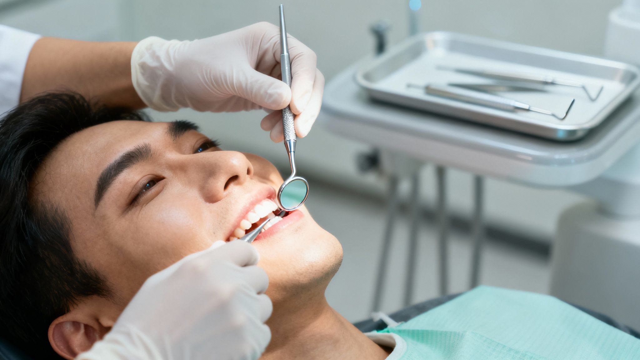 Dentist performing oral examination on male patient using dental mirror and explorer