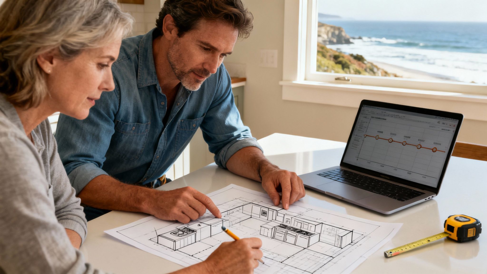 A couple reviewing kitchen renovation plans on a table with a laptop and ocean view.