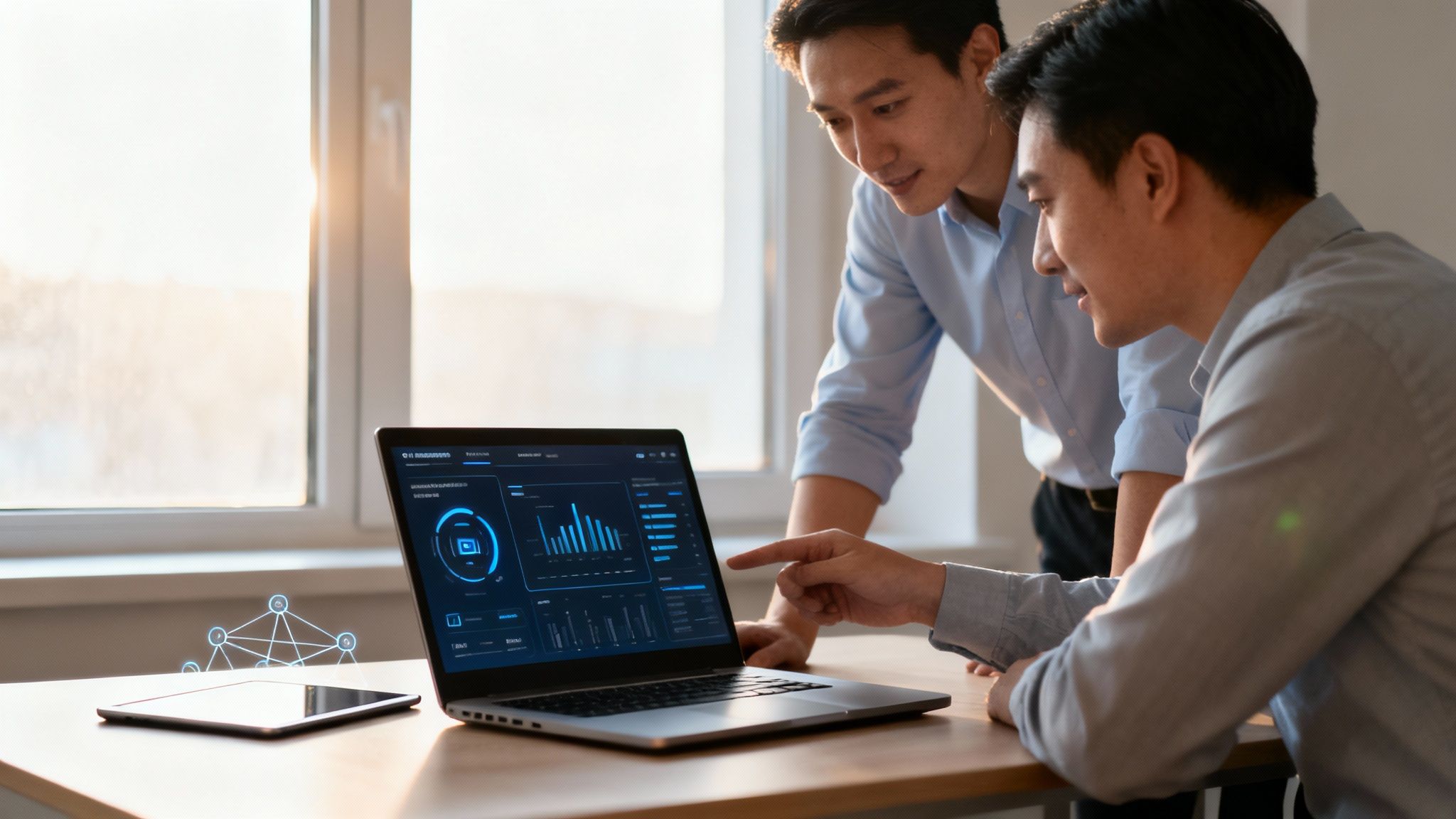 Two Asian men collaborate, looking at a laptop displaying data visualizations and a network graphic.