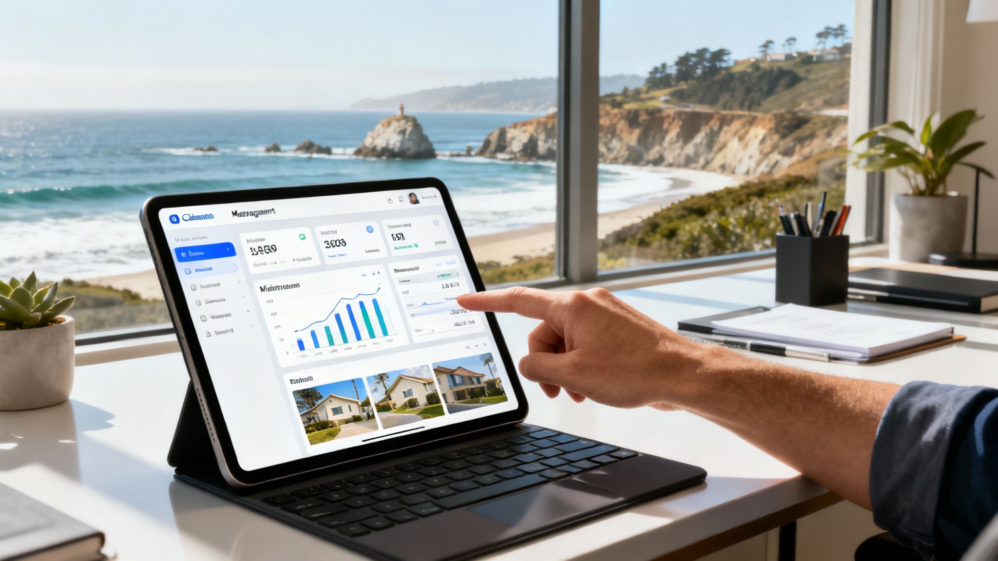 A property owner accesses their investment portfolio on a tablet, with a clean and modern user interface showing financial reports and maintenance updates.