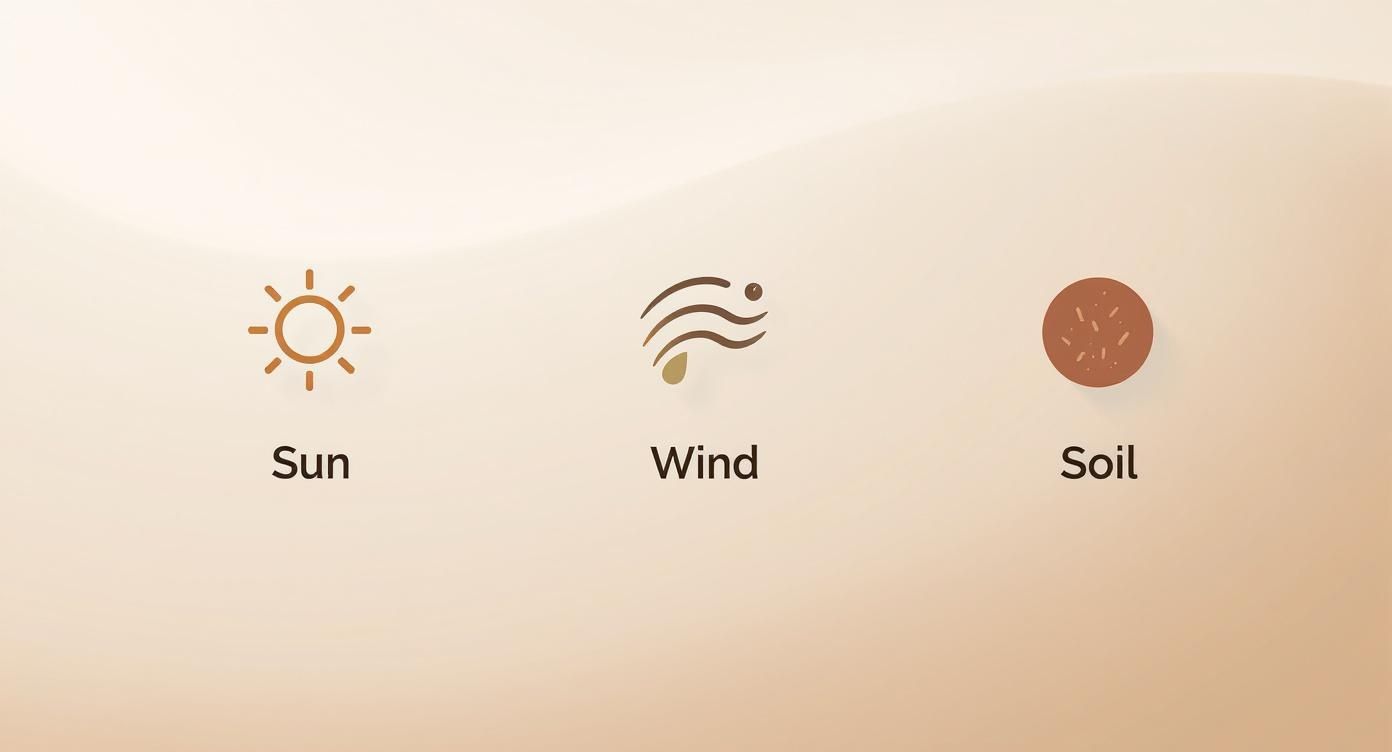 Three minimalist icons representing essential natural elements: sun, wind, and soil on a light background.