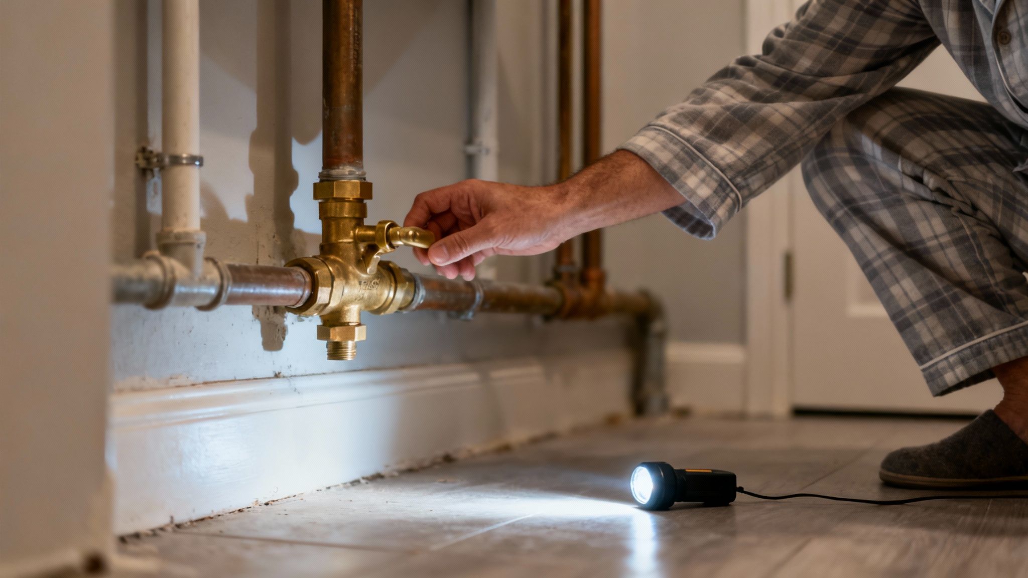 A plumber fixing a pipe under a kitchen sink.